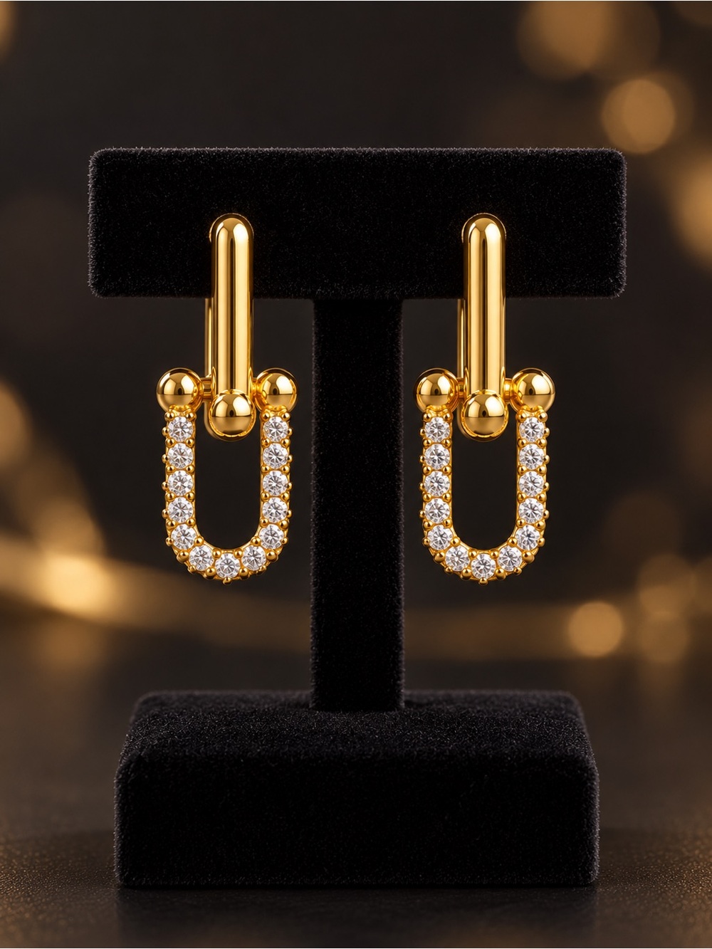 U-Shaped CZ Drop Earrings, Gold-Plated Sterling Silver